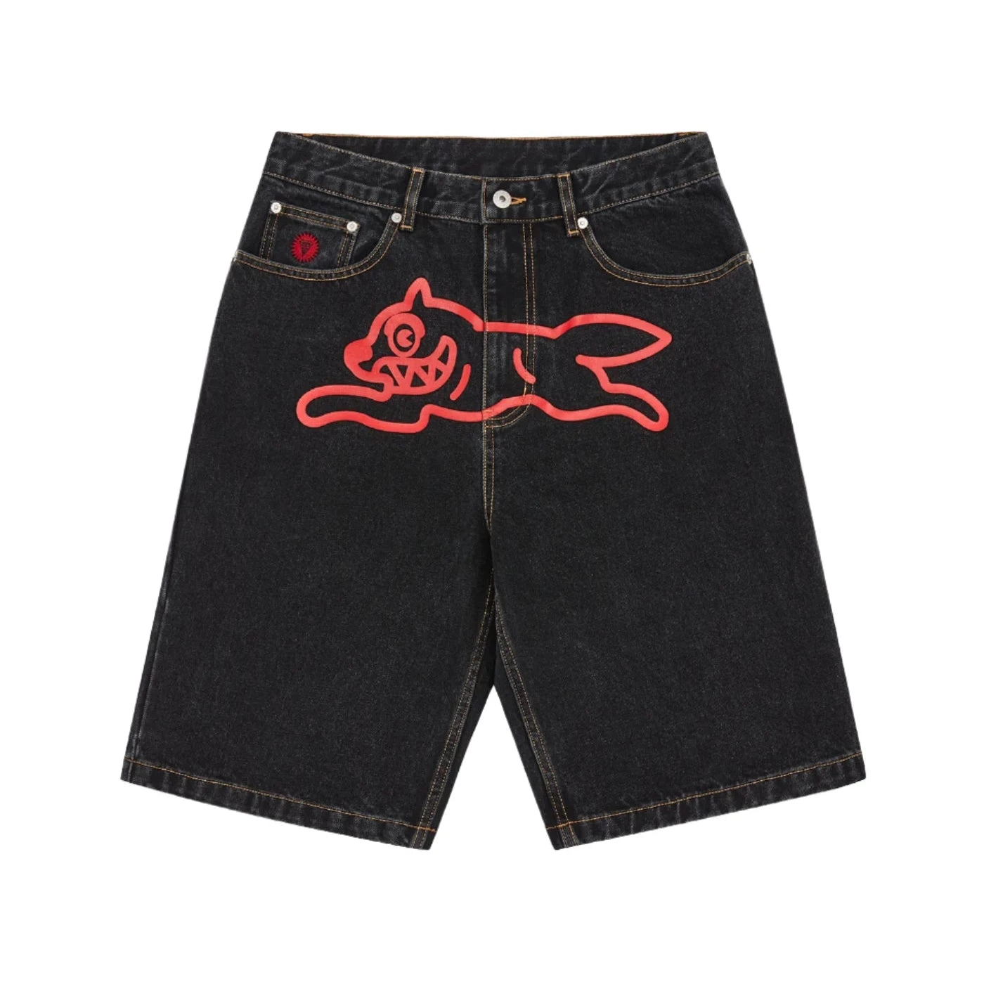 ICECREAM Running Dog Denim Shorts Black Dark Slate Gray