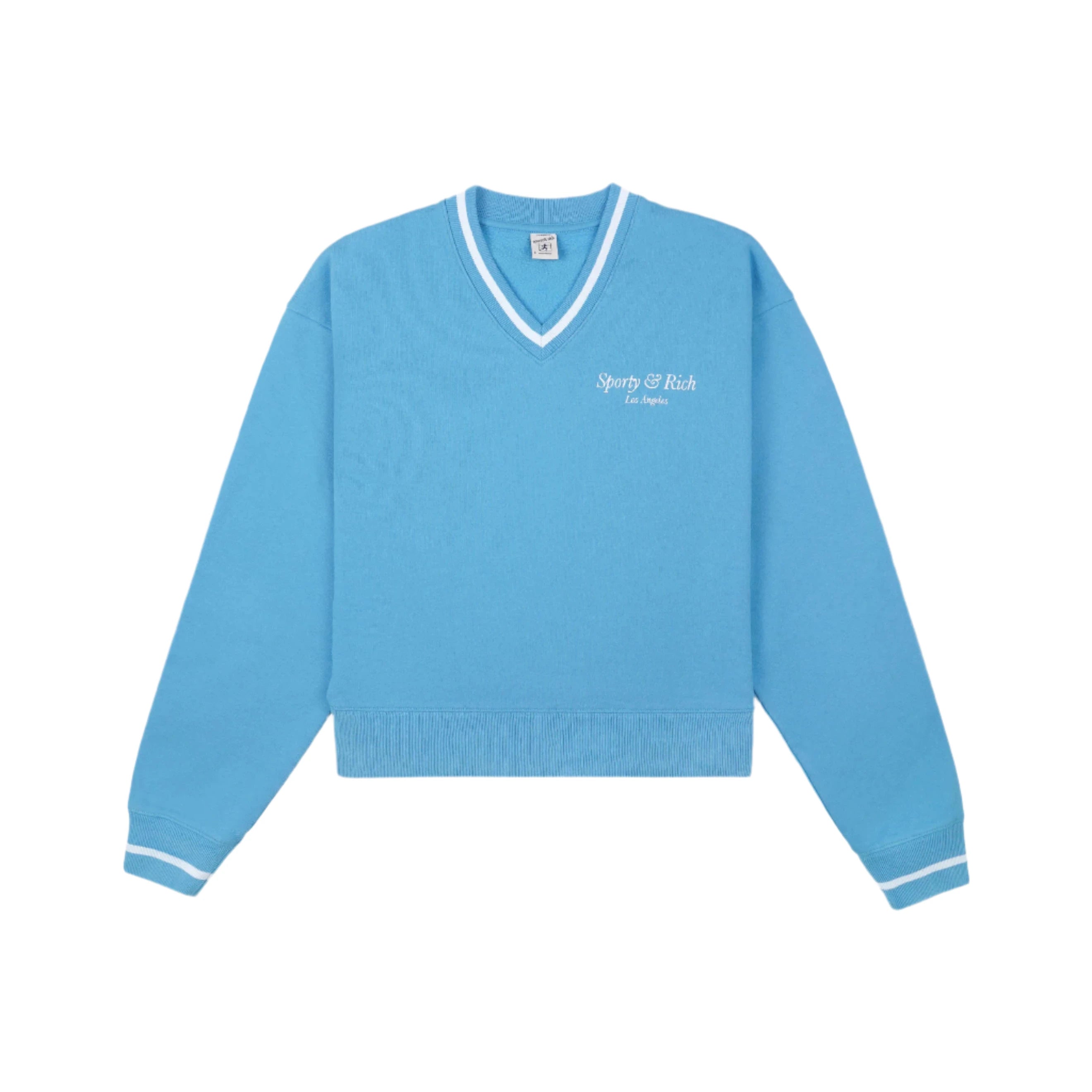 Sporty & Rich Italic Logo Embroidered V-Neck Sweater Malibu Blue/White Cornflower Blue